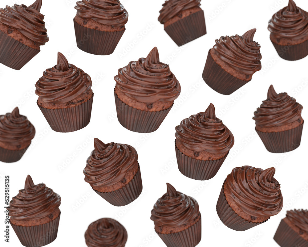 Cupcakes with chocolate cream flying on a white background, 3d render