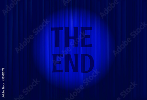 Red cinema curtains with light beam and unscription The end. Vector illustration
