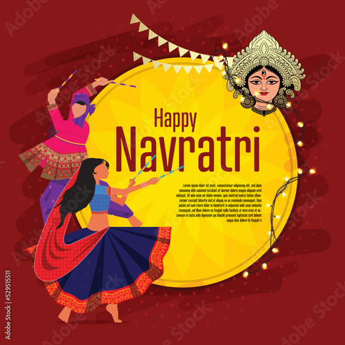 illustration of Goddess Durga for Happy Navratri festival, Couple Playing Dandiya, Garba Night in Navratri Celebration
