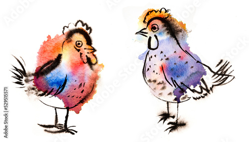 cute chickens illustraion - hand paited with ink on a paper © Vera Kuttelvaserova