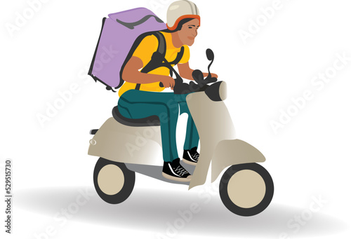 A delivery man on a scooter drives the Delivery concept, online ordering, food delivery, 