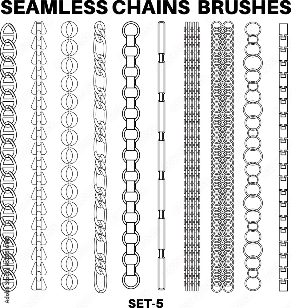 Seamless Chain pattern brushes flat sketch vector illustrator Brush set, different types of Curb