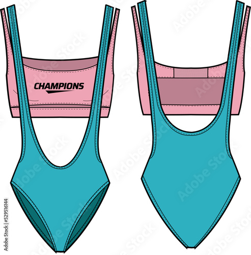 Women sleeveless Leotard with sports bra active wear design flat sketch fashion Illustration, Bodysuit suitable for girls and Ladies . Bodycon bib active wear and swimsuit swimwear.
