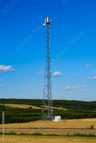 field of wheat and forest with telecommunication station