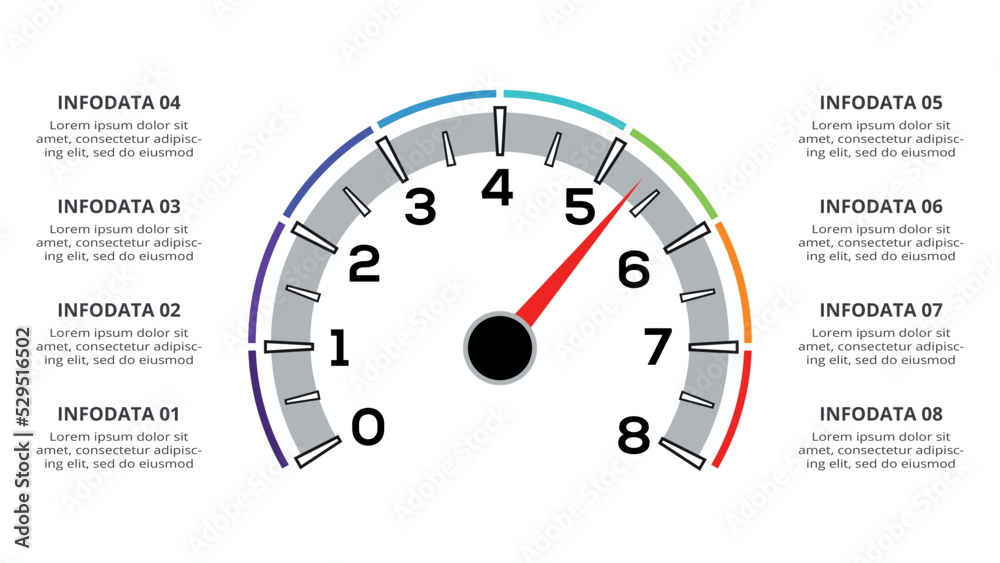 Naklejka premium Speedometer infographic with 8 elements template for web, business, presentations, vector illustration. Business data visualization.