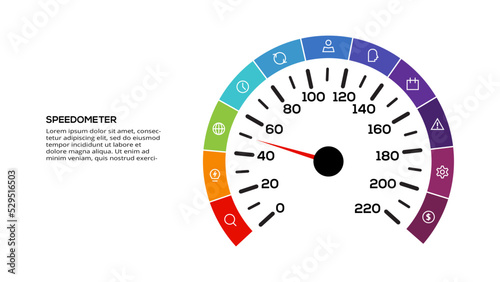 Speedometer infographic with 11 elements template for web, business, presentations, vector illustration. Business data visualization.