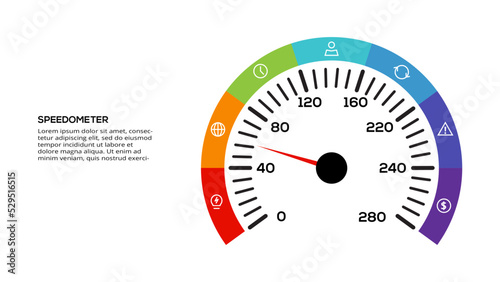 Speedometer infographic with 7 elements template for web, business, presentations, vector illustration. Business data visualization.