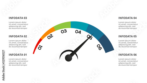 Speedometer infographic with 6 elements template for web, business, presentations, vector illustration. Business data visualization.