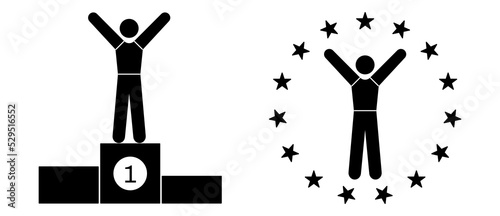 Icon set of human winner champion on podium. Vector illustration