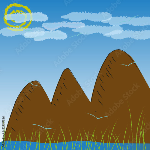 Paisaje, montañas, estilo a mano, cielo, campo, naturaleza, illustrator
