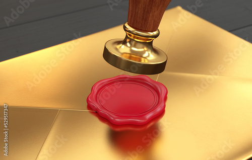 Stamp and red wax seal on a gold envelope, 3d render