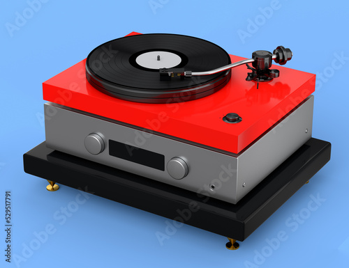 Vinyl record player or DJ turntable with retro vinyl disk on blue background.