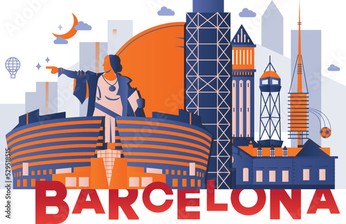 Typography word Barcelona branding technology concept. Collection of flat vector web icons. Catalonia culture travel set, famous architectures, specialties detailed silhouette European famous landmark