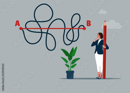 Businesswoman holding red pencil in hand leads a drawing line from point A to point B, Shortest distance to goal, easy or shortcut way to win business success. photo