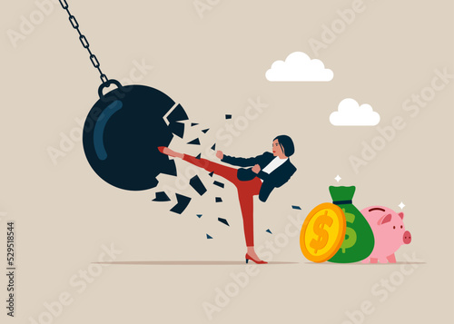 Businesswoman punching and breaking a huge wrecking ball, Crisis management and Problem solving. Vector illustration.