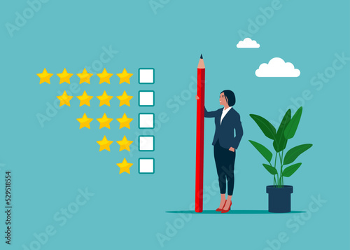 Smiling and positive businesswoman holding pencil to evaluate star feedback. Rate the service, performance rating or customer review. Evaluation or satisfaction feedback. Vector illustration.