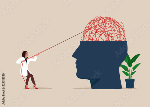 Therapist woman help eliminate chaos messy line from patient head. Mental health treatment or psychology support, help relief anxiety or depression. Vector illustration.