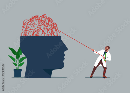 Therapist man help eliminate chaos messy line from patient head. Mental health treatment or psychology support, help relief anxiety or depression. Vector illustration.