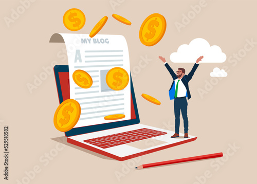 Success blogger or writer catching money banknotes fall from the sky. Make money from online, monetize content, get income or earning from affiliate links.