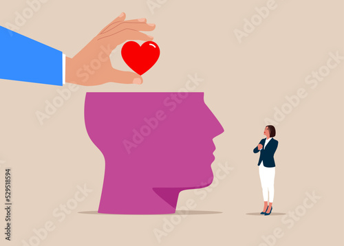Hand put positive heart shape into human brain. Emotional intelligence ability to understanding emotions and balance between heart and brain, reason and emotion. Vector illustration.