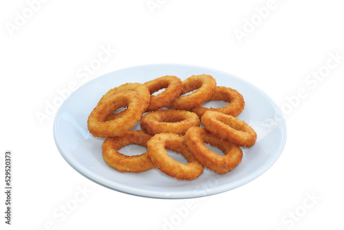 Clos up of fried onion rings on white plate, isolated, png format, transparent