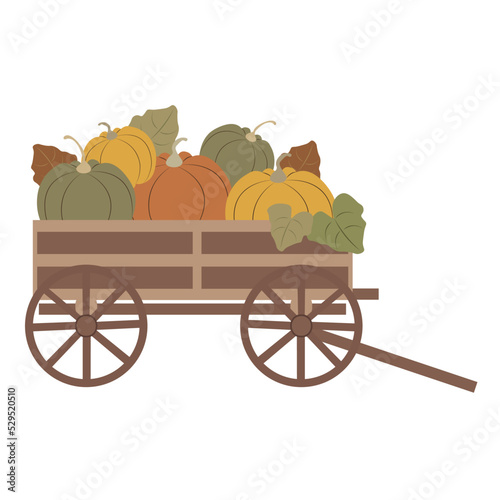 Harvest scene with wooden cart and pumpkins, leaves clipart. Vector fall decor composition with wagon wheel for thanksgiving day, autumn arrangement card, rustic  illustration
