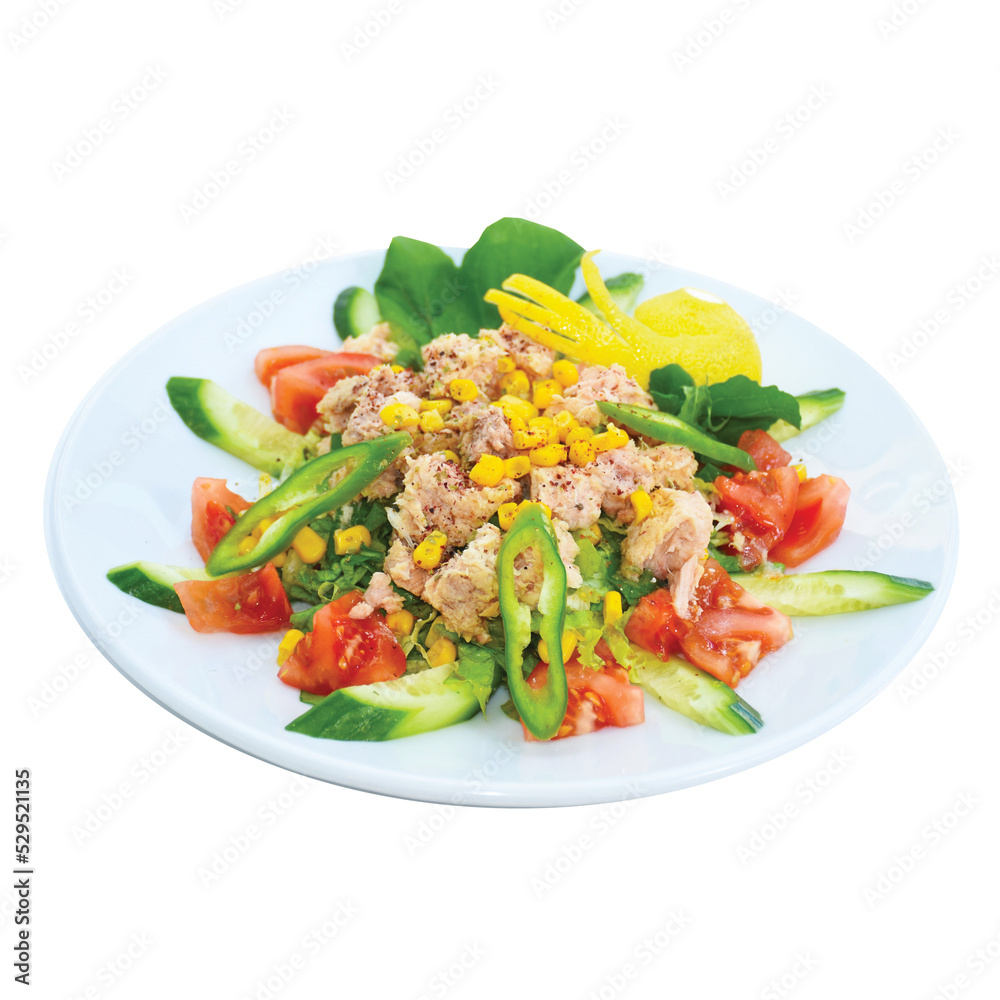view of tuna fish salad with tomatoes, arugula, corn served on white plate view of tuna fish salad with tomatoes, arugula, corn served on white plate