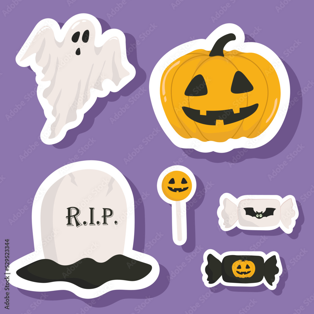 Vector Halloween sticker set with candy,ghost,grave,bat,skull,Halloween pumpkin.Use for event invitation,discount voucher,advertising,greeting card,logo,packaging,textile,web