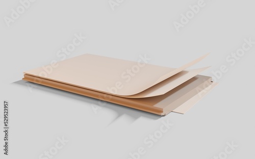 Modern finishing materials, displaying the composition of the wooden panel. Demonstration of all layers of the floor covering of the structure. 3d rendering.