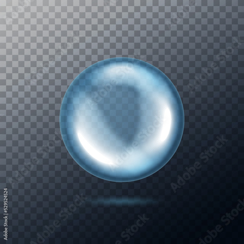 Soap bubble isolated on transparent background. Glass circle with shadow. Big realistic soap bubble blue color. Round sphere for concept cleaning. Abstract bead for design print. Vector illustration