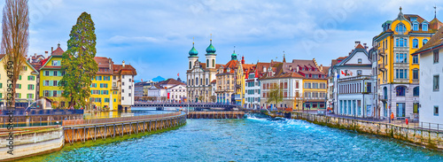 Obraz na płótnie The townscape of medieval Lucerne with Needle Dam and Jesuit Church on background, Switzerland w salonie