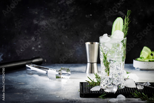 Gin tonic with fresh cucumber, long drink cocktail with dry gin, rosemary, tonic and ice. Black background, steel bar tools, copy space