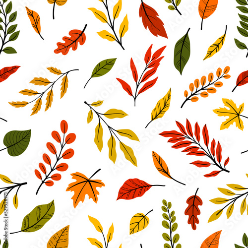 Beautiful seamless doodle pattern with vintage yellow  orange leaves sketch on white background. design background greeting cards and invitations to the seasonal autumn holiday