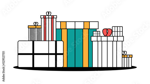 Large pile of gifts. Flat style, thick and thin line design of retro boxes with presents for christmas.