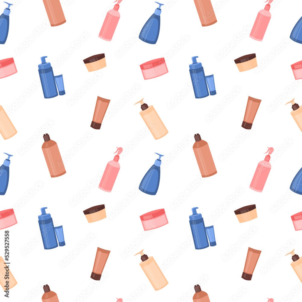 Seamless pattern with care cosmetics. Bottles of mask, shampoo, balm, cream, foam. Concept of tools beauty and skin care, eco cosmetics, cleanser. Vector flat illustration Seamless pattern with care cosmetics. Bottles of mask, shampoo, balm, cream, foam. Concept of tools beauty and skin care, eco cosmetics, cleanser. Vector flat illustration