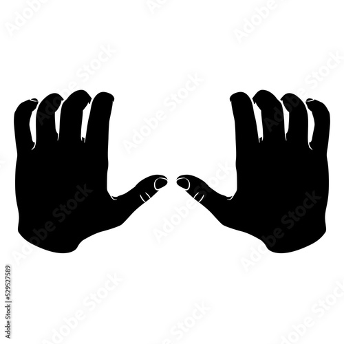 Two raised up human hands with bent fingers. Clinging clambering up gesture. Cartoon style. Black and white negative silhouette.