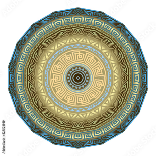Round colorful mandala. Greek tribal ethnic vector background. Luxury floral mandala with greek key, meanders, symbols, circles, lines. Beautiful ornaments. Trendy isolated ornate design on white