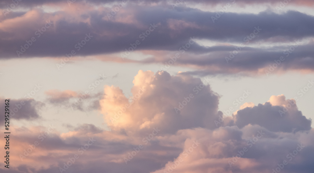 Puff Clouds in the Sky during sunset. Zoom in. Cloudscape Background. British Columbia, Canada. Puff Clouds in the Sky during sunset. Zoom in. Cloudscape Background. British Columbia, Canada.