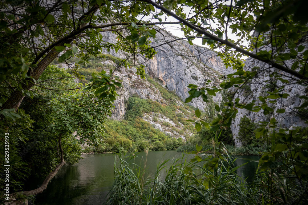 Beautiful rocky cliffs and mountain peaks, covered with dense forest near the town of Omis, Croatia in the Cetina river canyon