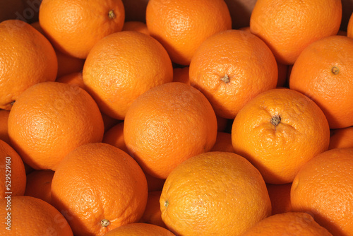 close-up of oranges in the market. background of delicious citrus fruits  healthy food concept