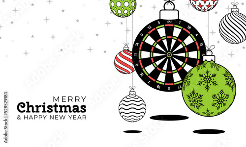 dart christmas greeting card in trendy line style. Merry Christmas and Happy New Year outline cartoon Sports banner. dartboard as a xmas ball on white background. Vector illustration.