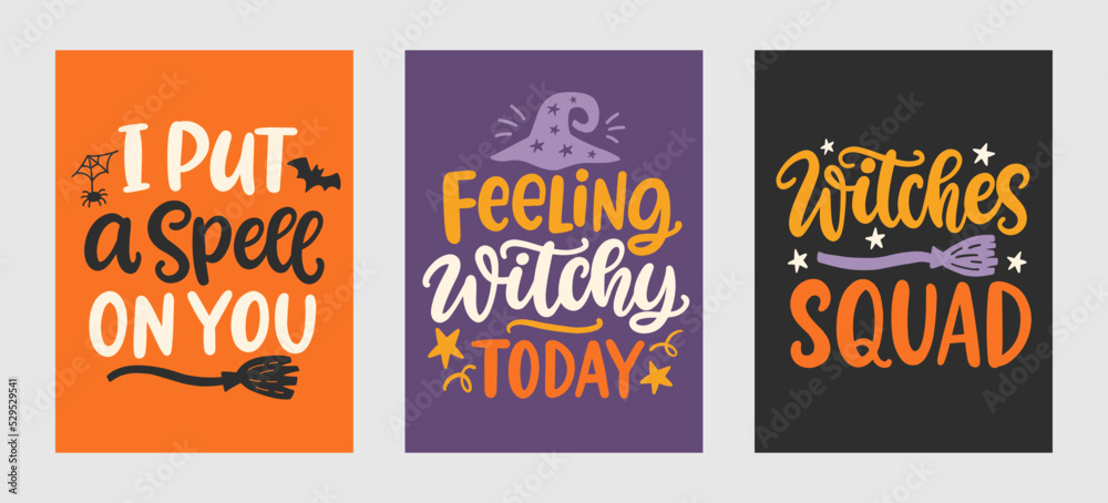 Set of Halloween Witch Hand Drawn Cute Hand Lettering phrases