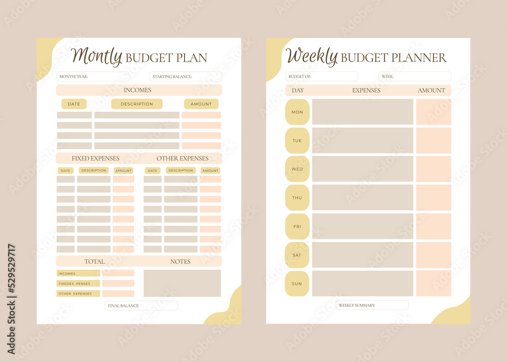 Monthly and weekly budget planner, planer in pastel colors - obrazy, fototapety, plakaty 