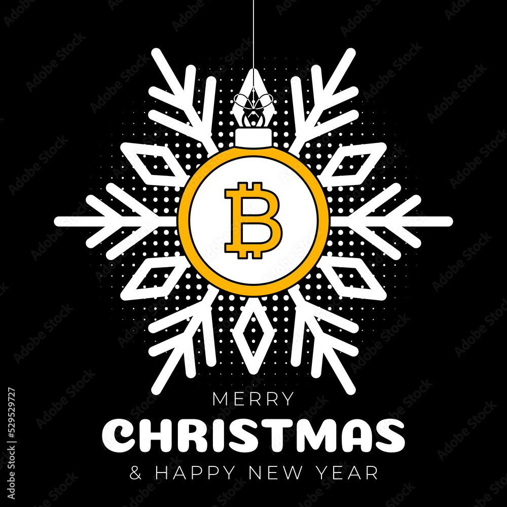 Naklejka premium bitcoin christmas greeting card. Merry Christmas and Happy New Year outline style flat cartoon Sports banner. bitcoin as a xmas ball on black background. Vector illustration.