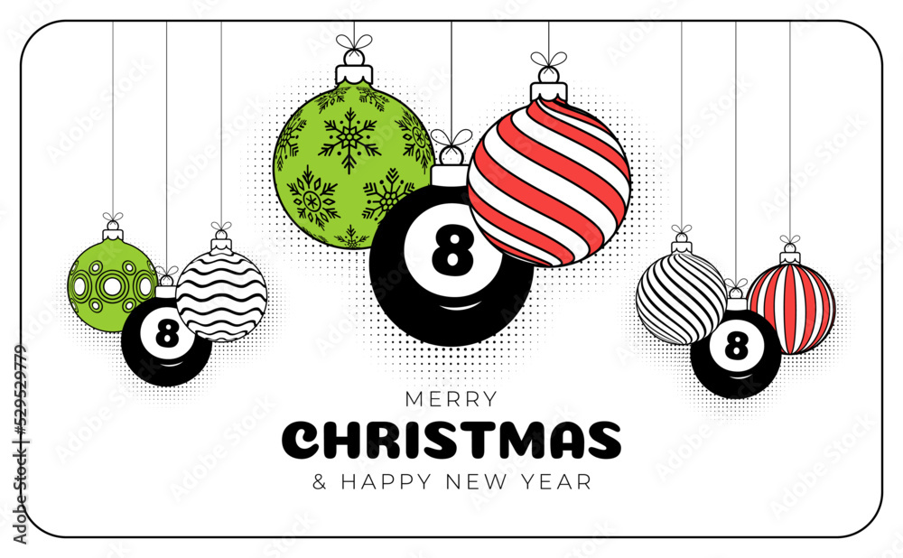 Obraz premium billiard christmas greeting card in trendy line style. Merry Christmas and Happy New Year outline cartoon Sports banner. billiard ball as a xmas ball on white background. Vector illustration.