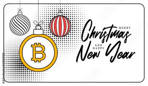 bitcoin christmas greeting card in trendy line style. Merry Christmas and Happy New Year outline cartoon Sports banner. bitcoin as a xmas ball on white background. Vector illustration.