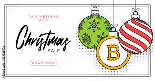 bitcoin christmas greeting card in trendy line style. Merry Christmas and Happy New Year outline cartoon Sports banner. bitcoin as a xmas ball on white background. Vector illustration.