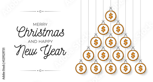 money Christmas and new year bauble tree greeting card. Creative Xmas tree made by money coin. Christmas and new year outline flat Vector Sport greeting card banner. Trendy vector style