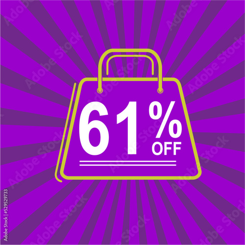 61% off. Purple, white and yellow banner with sixty one percent discount. Shopping bag concept.