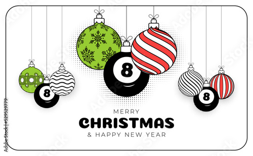 billiard christmas greeting card in trendy line style. Merry Christmas and Happy New Year outline cartoon Sports banner. billiard ball as a xmas ball on white background. Vector illustration.